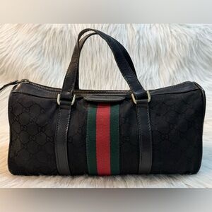 Vintage Gucci Boston Bag GG Cloth Canvas Leather Trim Black Green Red Stripe GUC